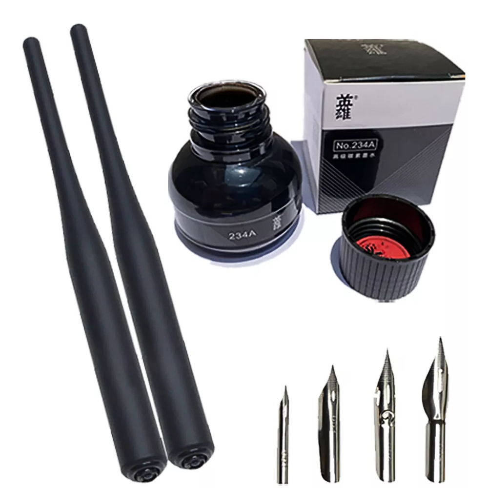 2 Caneta Nanquim 4 Pontas Bico Pena Manga Desenho + Tinta