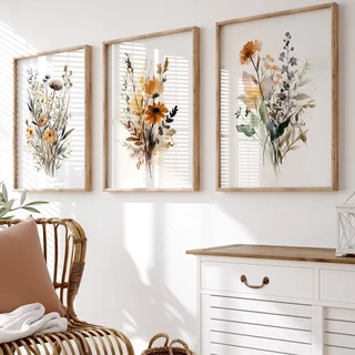 Quadro decorativo 3 peças 40x60 flor neutra estampas florais coloridas planta aquarela decoração para casa sala quaro hall