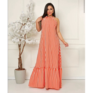 Vestido Listrado Longo, c/bojo, frente única,costas nua
