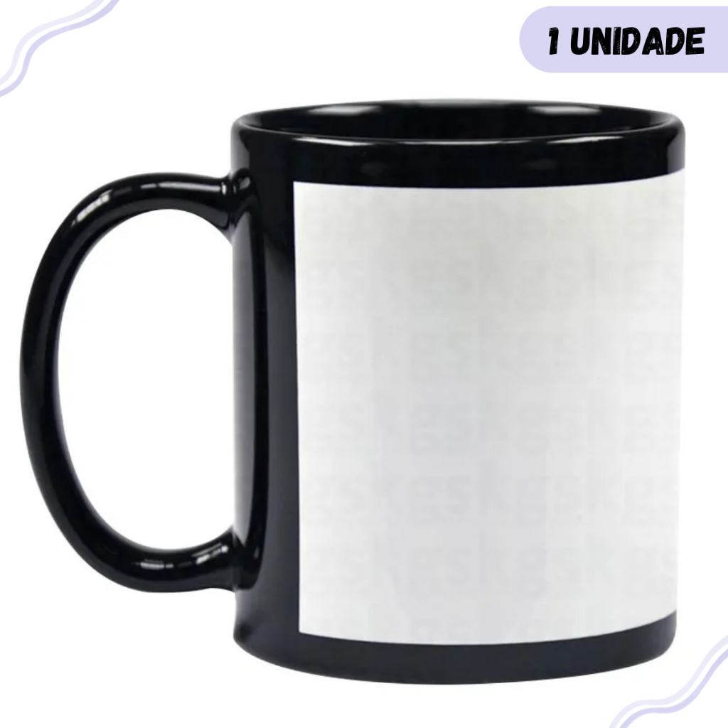 Caneca Preta Tarja Branca 325ml para Sublimação - 1 Unidade
