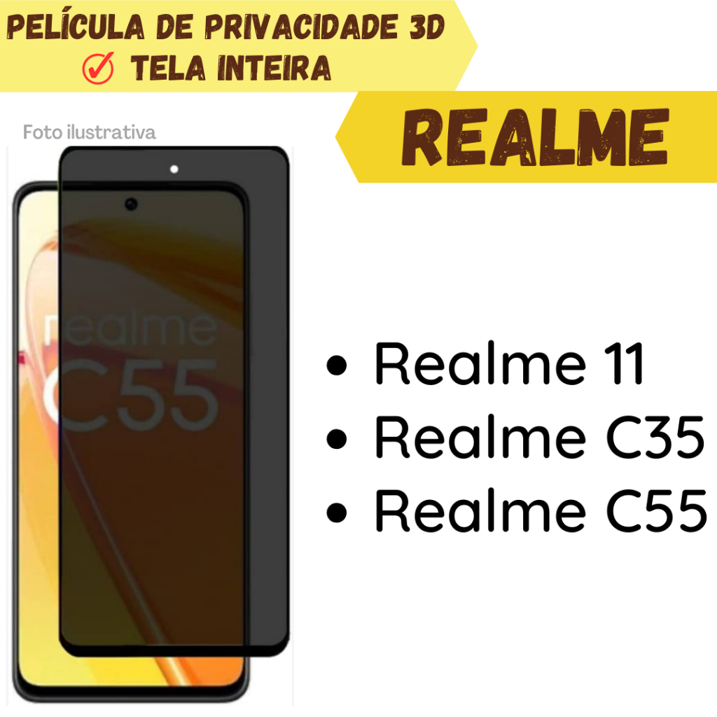 Película de Vidro de Privacidade Para Realme 11 / Realme C35 / Realme C55 Película 3D Protetor de Tela.