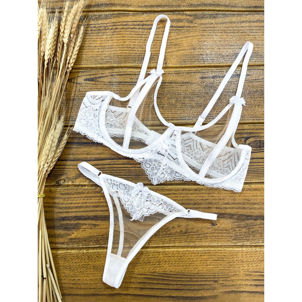 Conjunto Lingerie Sutian Calcinha Tule Moda Feminina Fio Transparente Renda Laço Sem Bojo Aro Regulagem