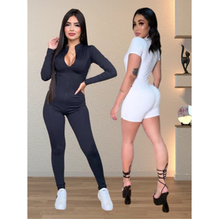 Kit Macacão e Macaquinho Feminino com Ziper Moda Gringa Virginia Feminina Manga Curta e Longa Suplex Liso Academia fitnes