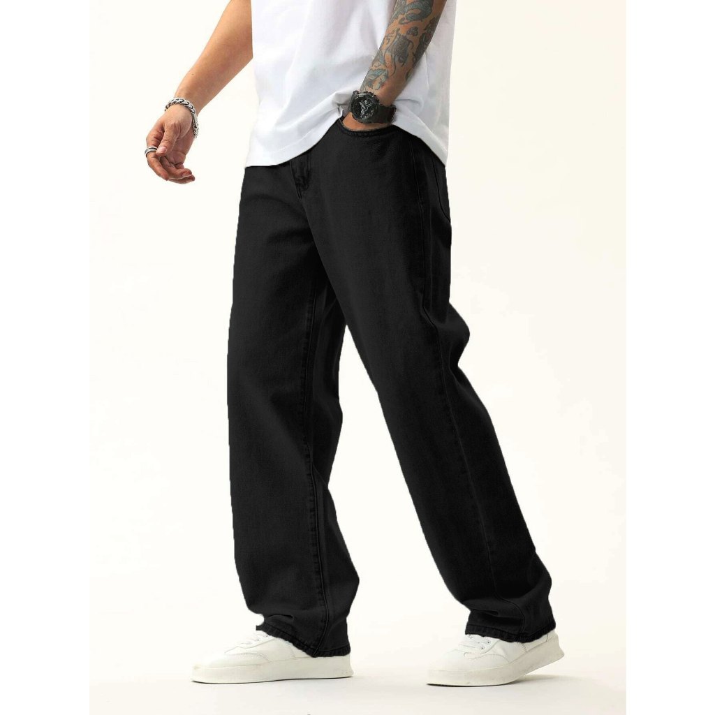 Calça Jeans Preta Masculina Larga Perna Reta Estilo Balão Bag Tipo Trapper