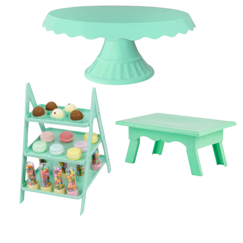 Kit Decoração Boleira Slim 22cm + Escadinha Decorativo + Mesinha P/ Doces Suporte Bolos Festa