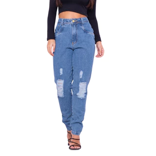 Calça Jeans Mom Feminina Cintura Alta Sem Elastano Destroyed Mães