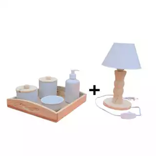 Kit Higiene Bebê Porcelana branca com tampa madeira Maternidade Menino Menina mais abajur torneado