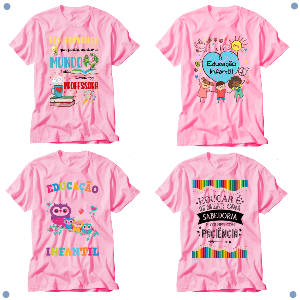 camiseta educação infantil professor professora Rosa 4 unidades