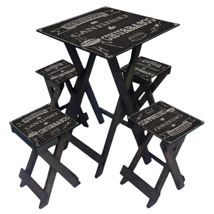Mesa Quadrada 4 Bancos Estilo Varanda Gourmet Madeira Pinus Impermeável