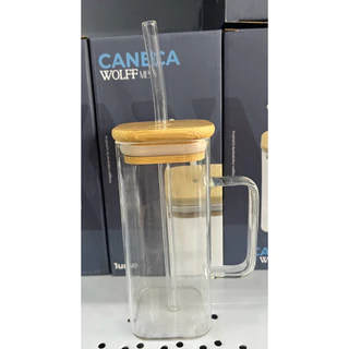 Caneca de Vidro Borossilicato com Canudo e Tampa de Bambu 400ml - Wolff