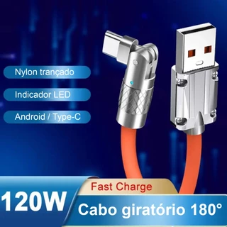 Cabo Usb Silicone Tipo C 180° Rotação Carregamento Turbo Ultra Rápido 120w 6A 1 ou 2 METROS Samsung Xiaomi