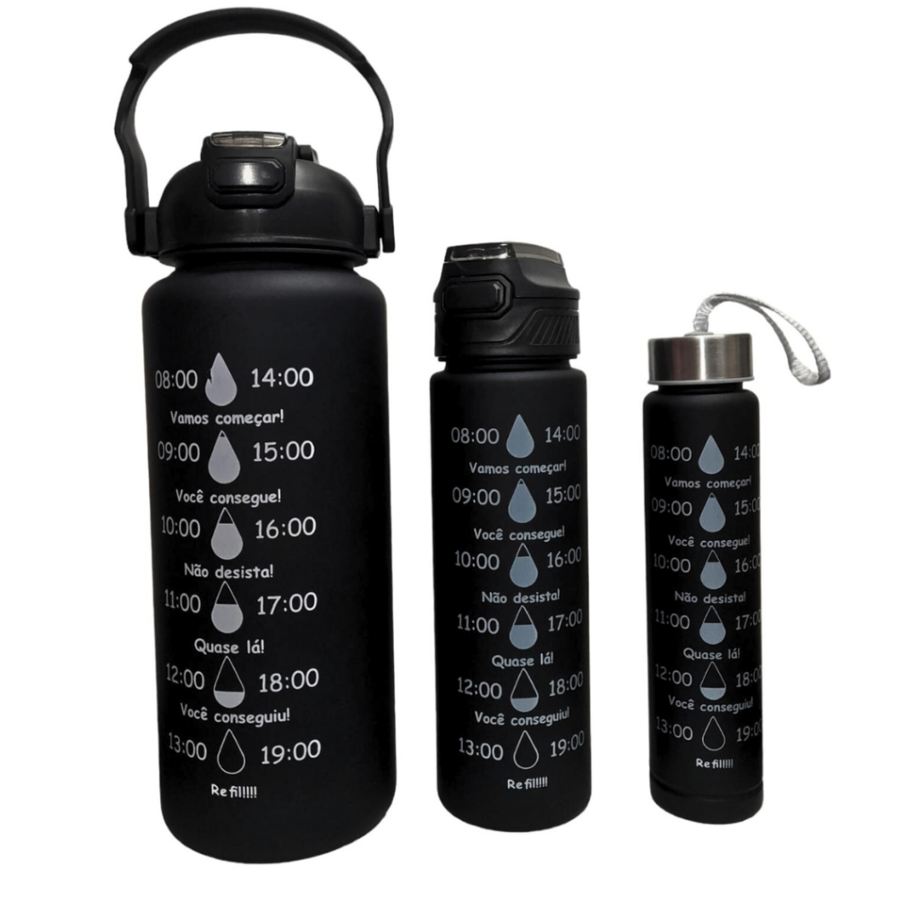 Kit 3 Garrafa D´Água Preta Motivacional Academia Fitness 2L 900ml 300ml Antivazamento