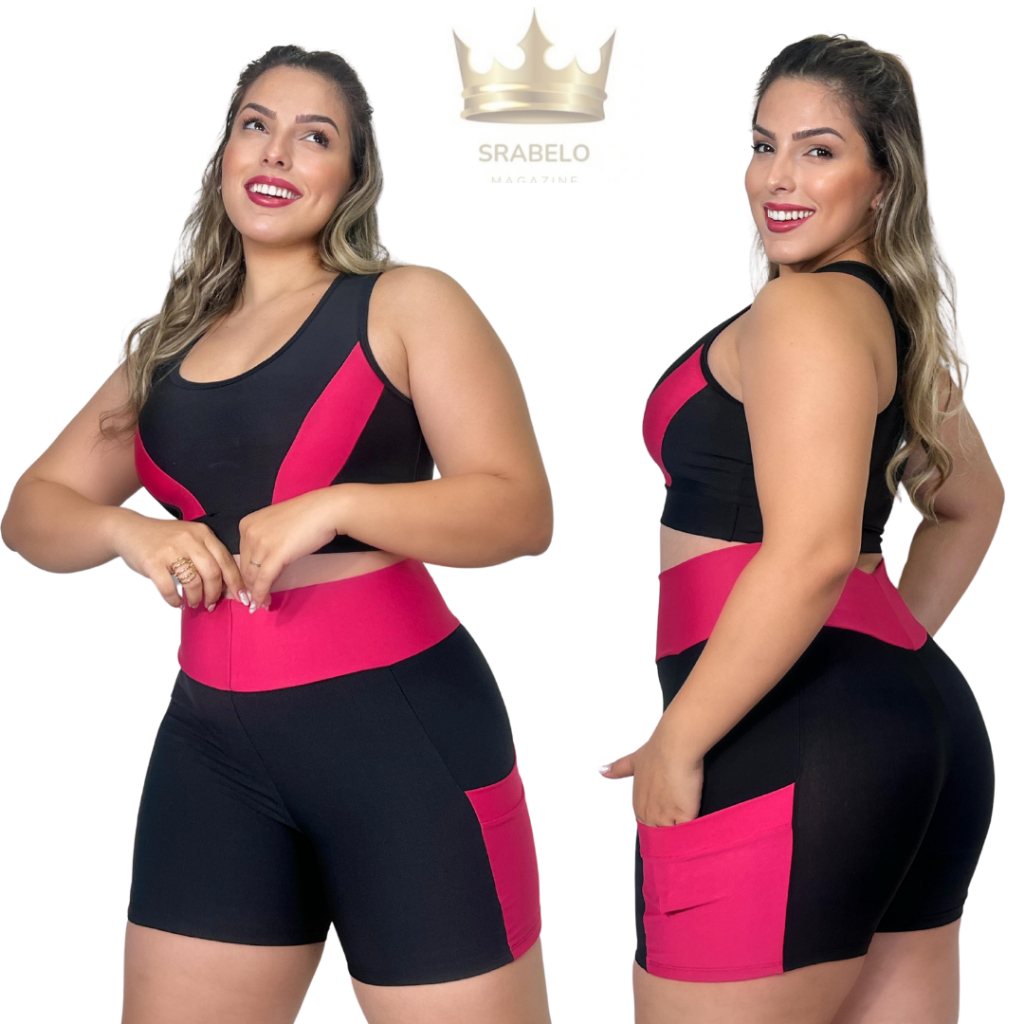 Conjunto Fitness feminino Top + Short Ciclista c/ Bolso M e G (36 ao 42) Roupa de academia Treino