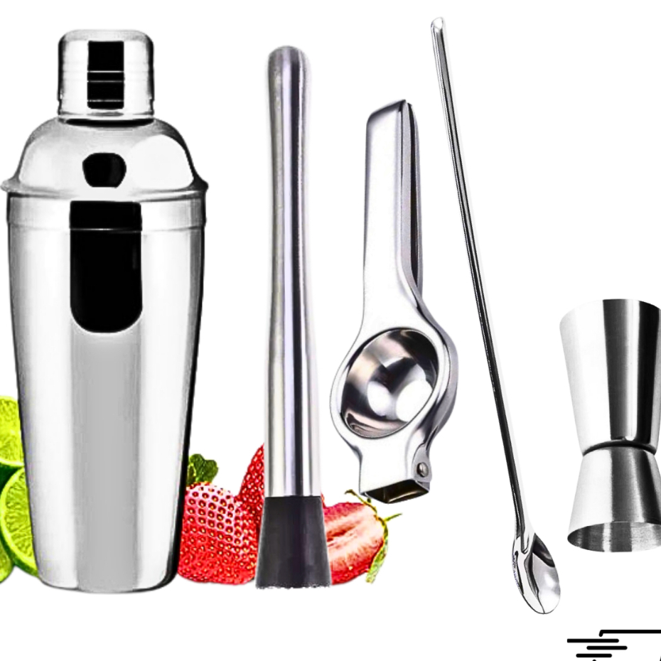 Kit Barman Caipirinha Inox 5 peças Coqueteleira Socador Colher ...