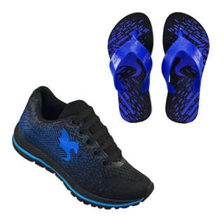 Tênis Infantil Casual Meninos Preto Azul + Chinelo