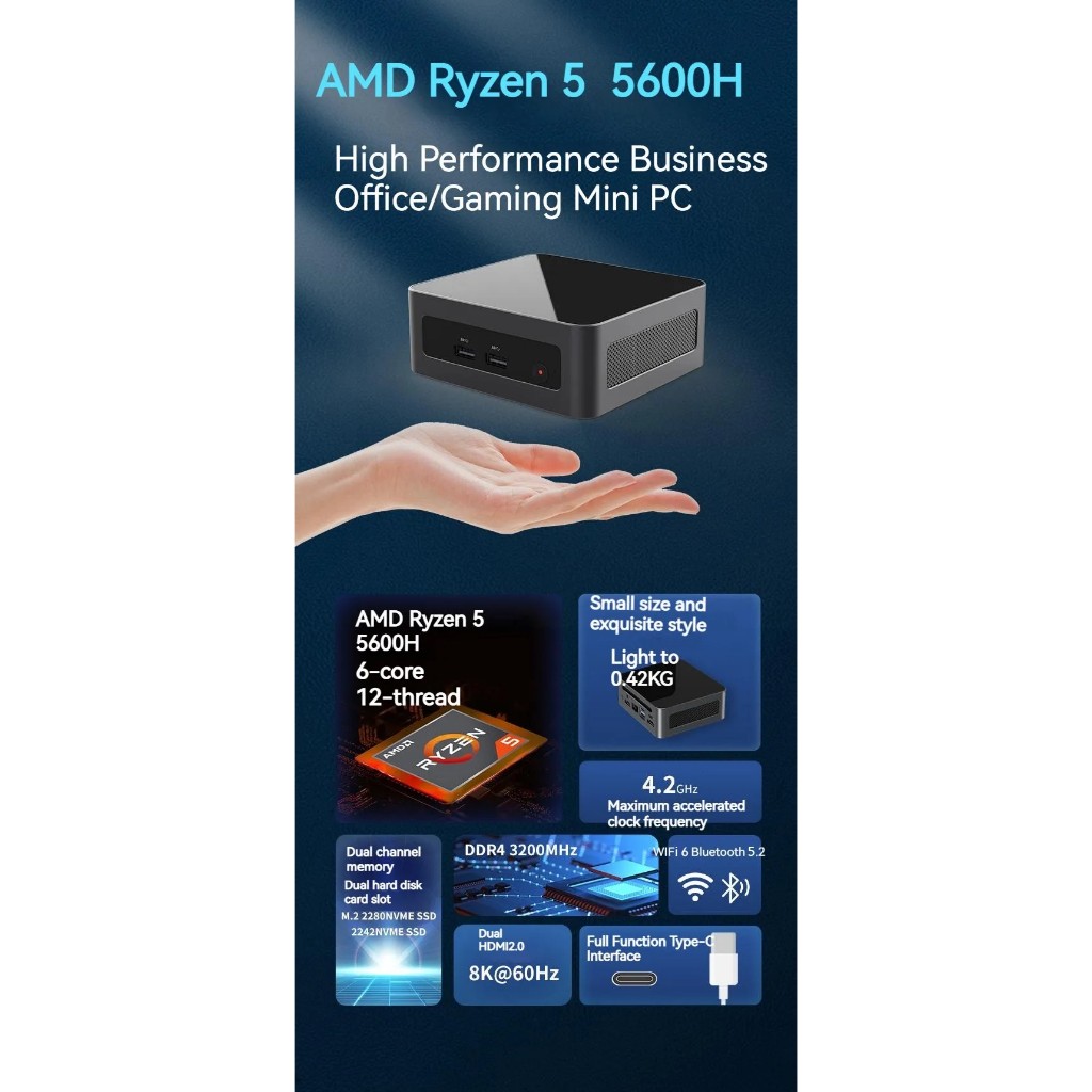 Mini PC Gamer AMD Ryzen 5 5600H, 16GB RAM e 512GB SSD - FIREBAT