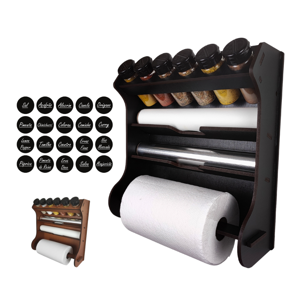 Porta Tempero Parede Cozinha 6 Potes, Porta Papel Alumínio, Papel Toalha e Papel Manteiga.