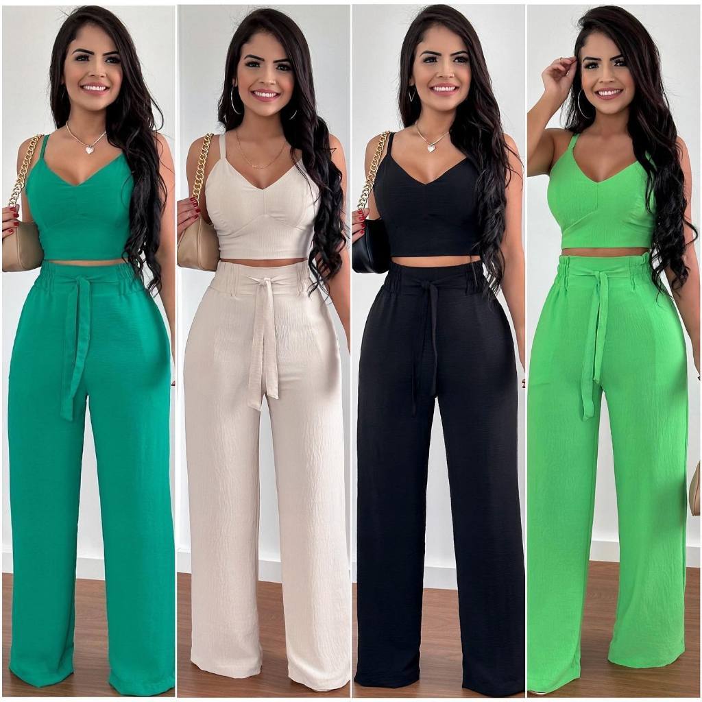 Conjunto feminino duna areia calça pantalona e cropped com bojo Alça regulagem Duna