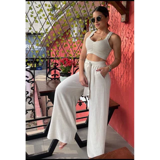 Pantalona feminina alfaiataria com bolsos elástico na cintura