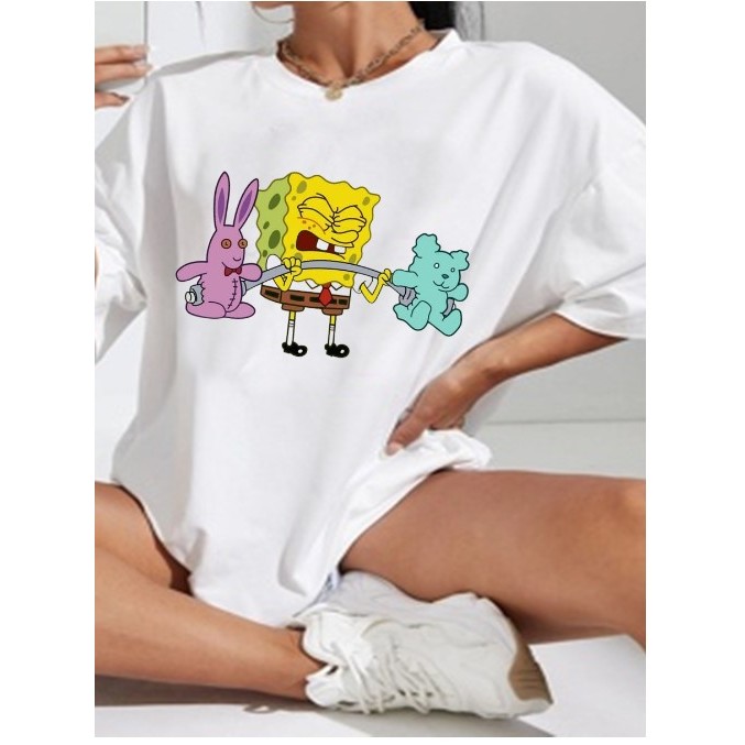 Camiseta Treino Bob Esponja Estilo de Rua, Unissex Algodão