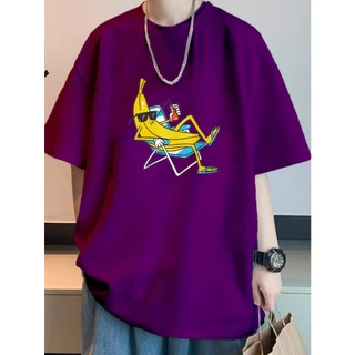 Camiseta Roxa Banana Split T shirt Colorida Estampa Moderna Confortável Tecido Liso Macio Gola Redonda Manga Curta Oversized Tiktok Blusa Larga Leve