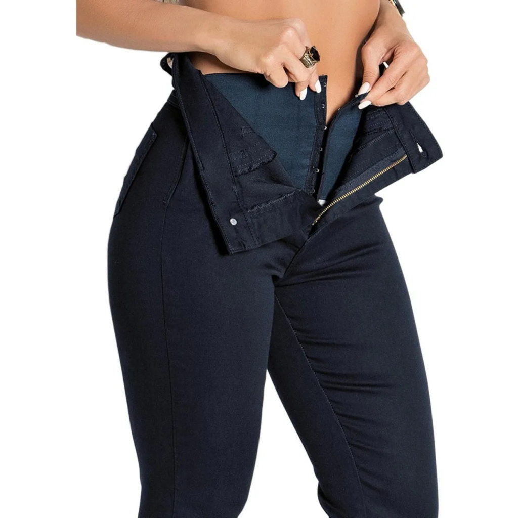 Sawary Bermuda Jeans Super Lipo Cintura Alta - Com Cinta Interna - Azul  Escuro