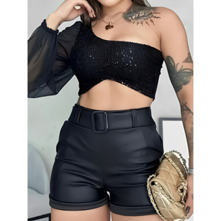 Conjunto Cropped Paete Mula Manca E Short Couro Fake W2