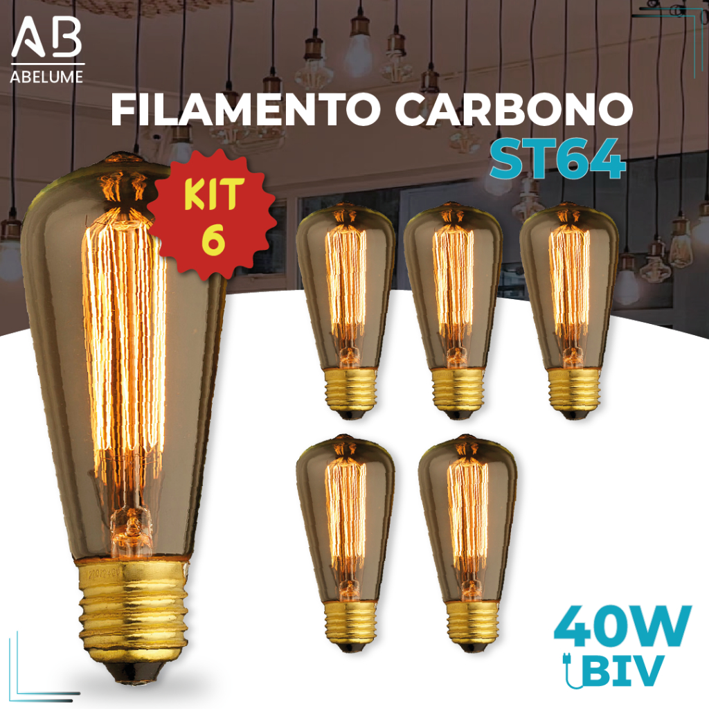 Kit 6 Lâmpada Filamento Carbono ST64 40W E27 LUZ QUENTE (AMARELO) Âmbar 110V~220V