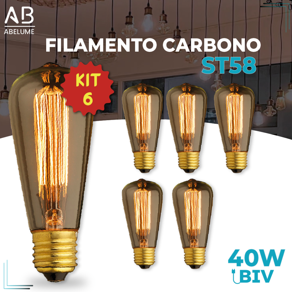 Kit 6 Lâmpada Filamento Carbono ST58 40W E27 LUZ QUENTE (AMARELO) Âmbar 110V~220V