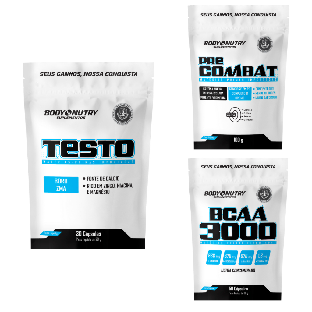 Testo 30 cápsulas + Pre Treino Pre Combat + BCAA 3000 Kit Hipertrofia ...