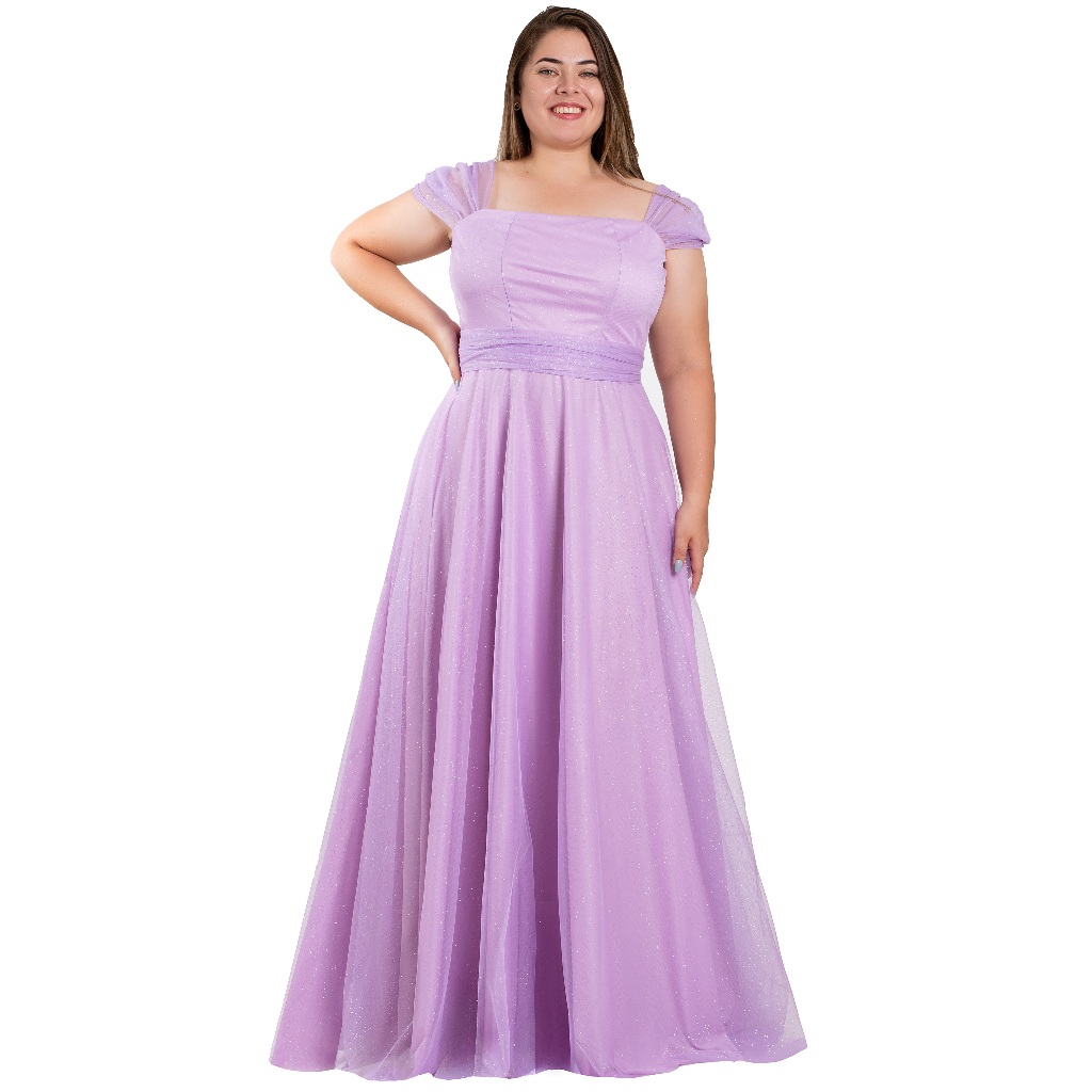 Vestido Longo De Festa Plus Size Em Tule, Decote Reto Com Maguinha Curta Ps106