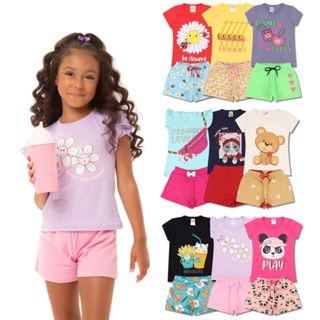 Kit Sortido 10 Peças de Roupas Infantil Menina - 5 Camisetas + 5 Bermudas -  Promoção - Kit com 5 Conjuntos de Roupa Infantil Menina Verão Feminino