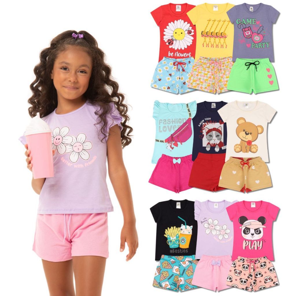 Kit Sortido 10 Peças de Roupas Infantil Menina - 5 Camisetas + 5 Bermudas - Promoção - Kit com 5 Conjuntos de Roupa Infantil Menina Verão Feminino Bebe Barato