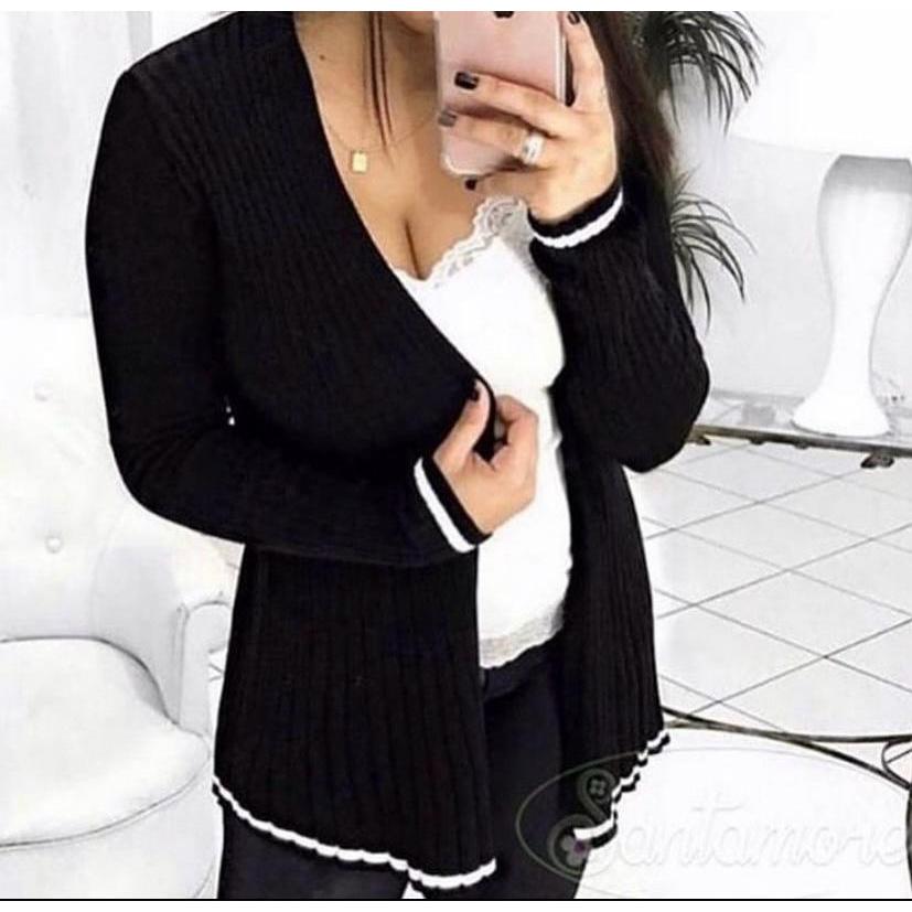 Cardigan feminino de tricot croche linha malha com listra na barra