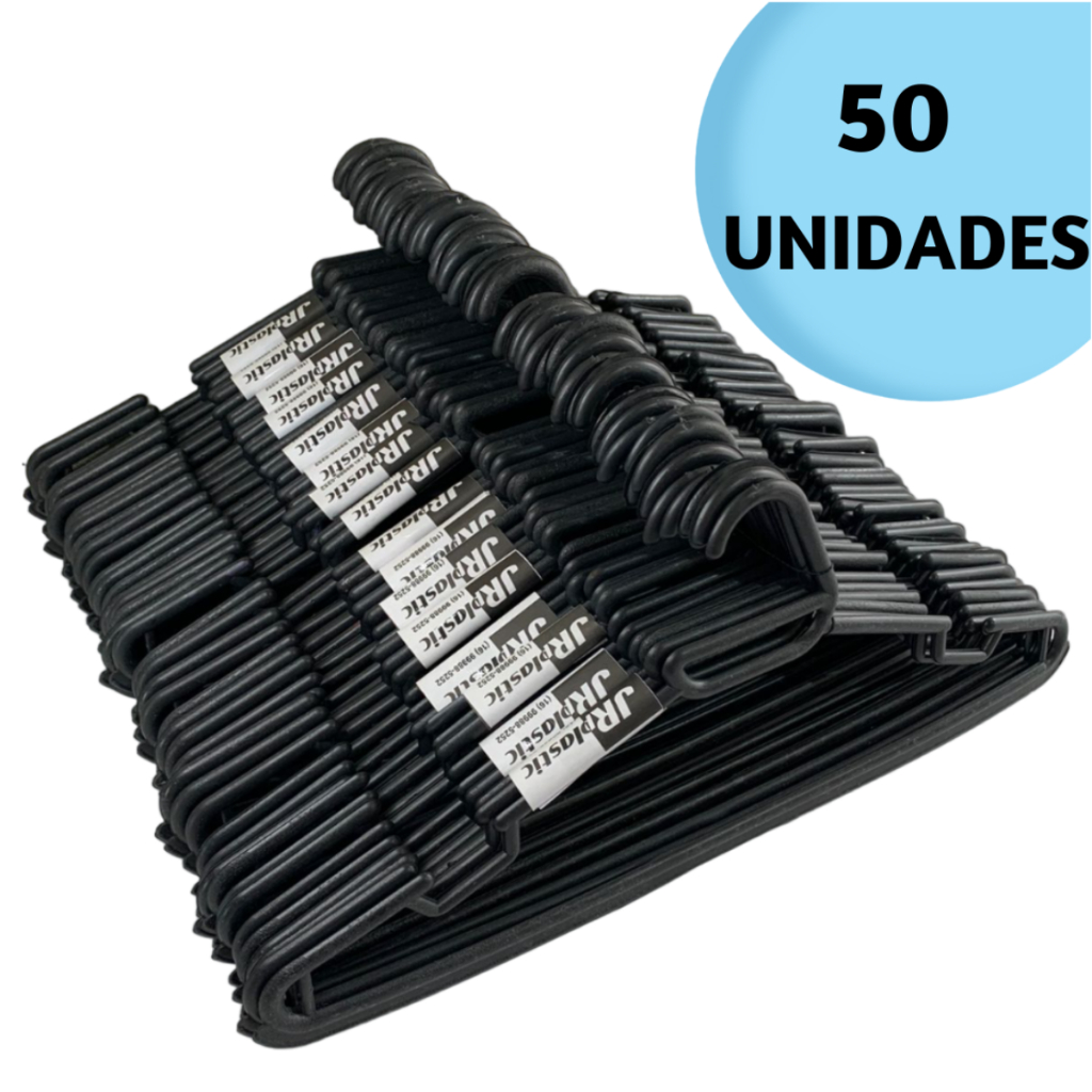 KIT 50 Cabides Adulto Preto Redondo Reforçado