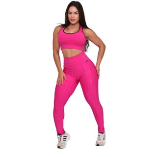 Conjunto Calça Legging Fitness Mais Top Com Bojo Poliamida Academia Cintura Alta