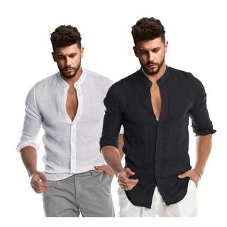 Kit 2 Camisas Masculina Gola Padre Viscolinho Manga Longa