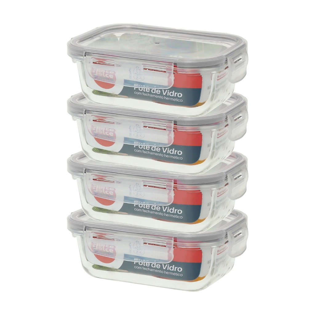 Pote Hermético De Vidro 410ml -marmita -micro-ondas -kit C/4 Peças - Dolce Home