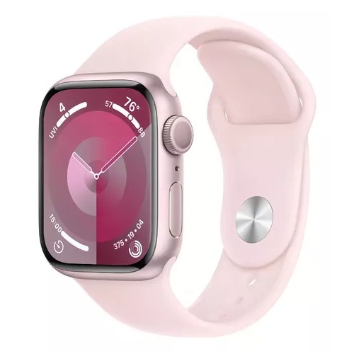 Apple Watch Series 9 GPS • Caixa rosa de alumínio – 41 mm • Pulseira esportiva rosa-clara – P/M