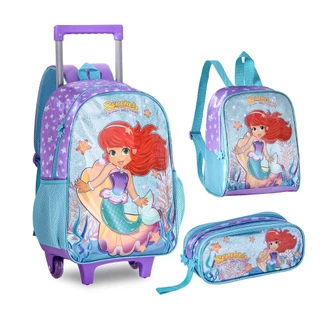 Kit Mochila de Rodinha Costas Sereia Infantil Escolar Encanta dos Mares Ruiva + Lancheira Térmica + Estojo Duplo p/ Crianças Meninas