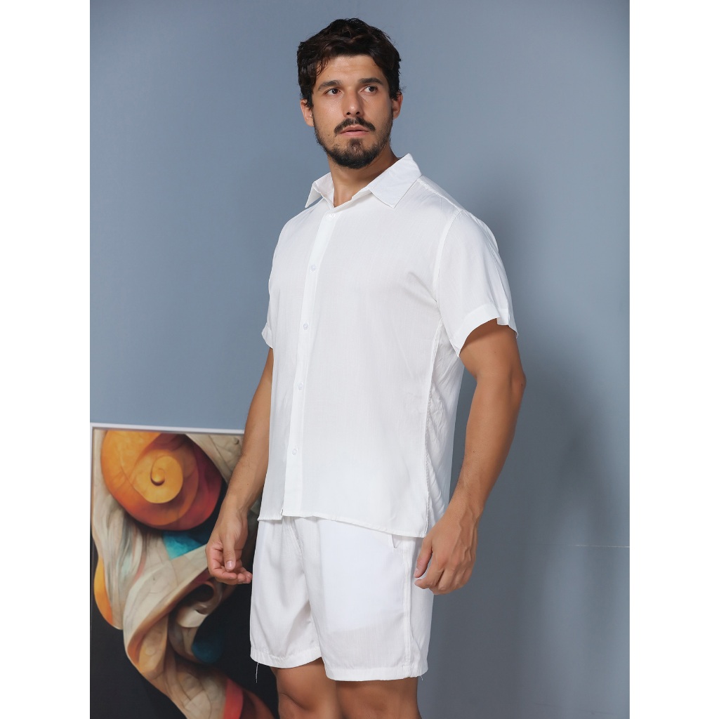 Conjunto Camisa e Short Masculino Tecido de Viscose lisa branco preto ...