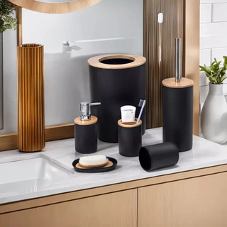 Kit Acessórios Para Banheiro Conjunto de 6 Peças Para Lavabo Completo Design Moderno em Bambu e Plástico