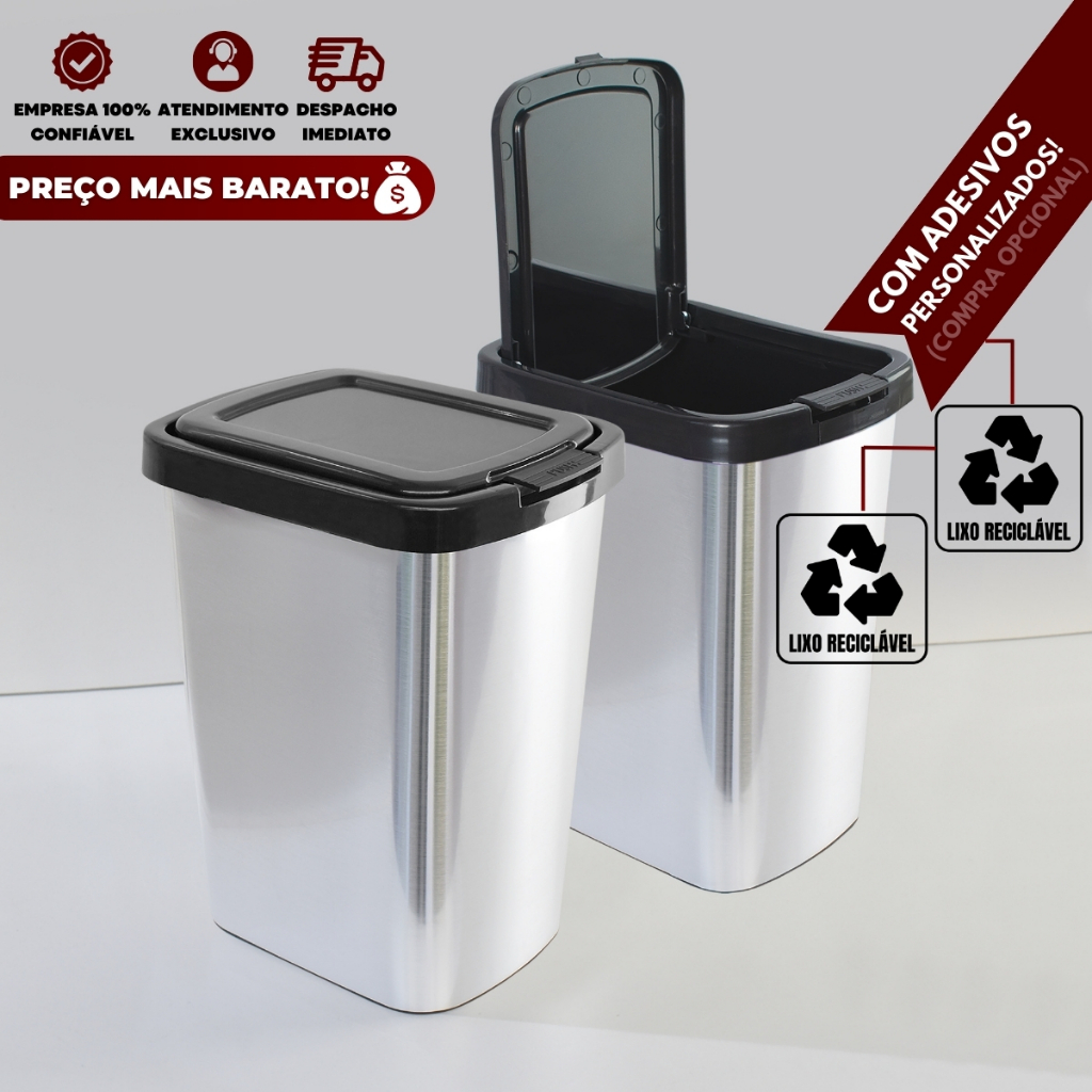 Lixeira Multiuso Prata 9 Litros com Tampa Automática Ideal para Cozinha, Banheiro, Escritório (*1 ou 2*)