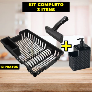 Escorredor de Louças 12 Pratos Cozinha Plástico Preto Escorredor Louça Copos Talheres