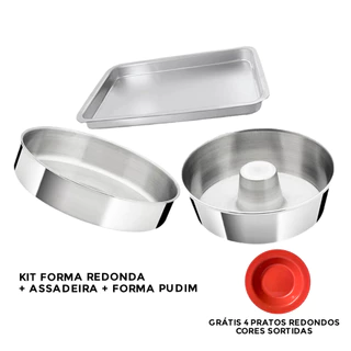 KIt 3 Assadeiras de Alumínio (Formas 22 de Pudim, Bolo Redonda 20, e Retangular 3) GRATIS 4 PRATOS