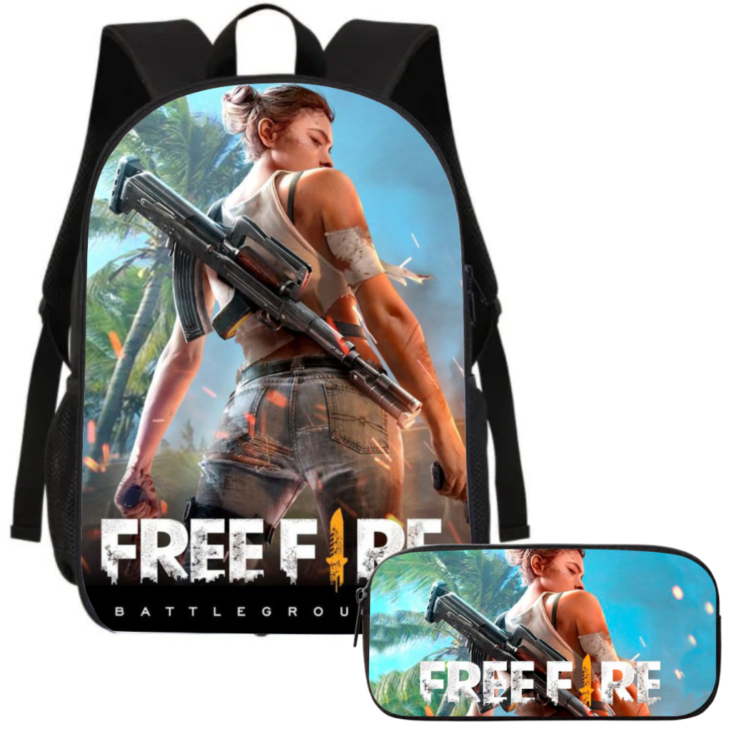 Kit Volta as Aulas Mochila Escolar e Estojo Game Tiro Ação Jogo Free Fire