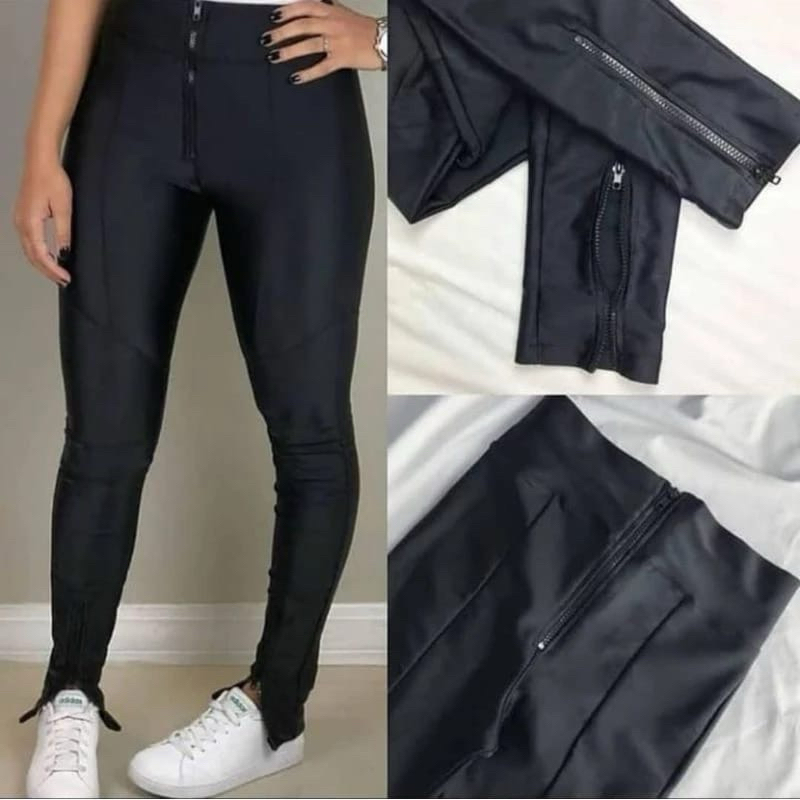 Calça Legging Leg Tecido Max Power Prada Com Zíper Roupas Femininas