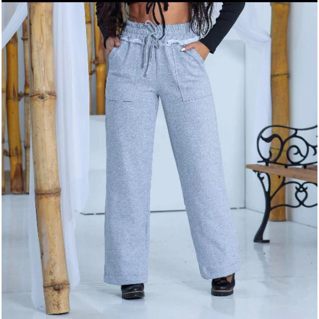 Calça Moletinho Pantalona Wide Leg Cintura Alta Feminina Roupa