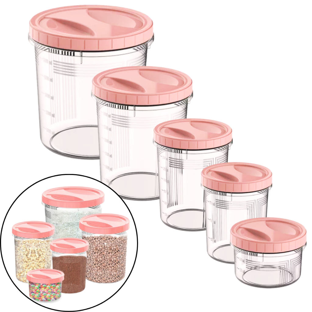 Porta Mantimento Conjunto De Potes Tampa Com Rosca 5 Peças - Rosa