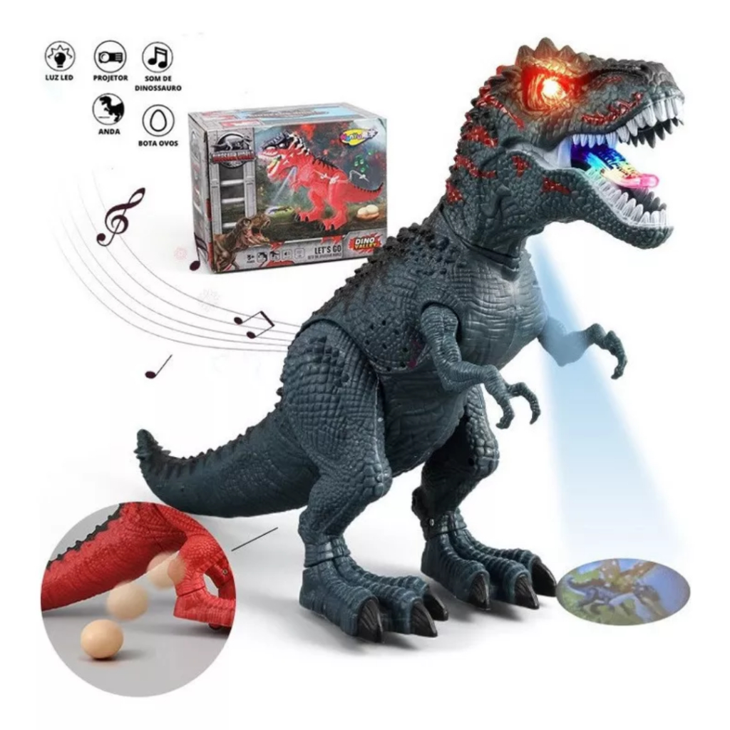 Brinquedos Dinossauro T Rex Bota Ovo Anda C/ Som Brinquedo Projetor De Luz 30cm